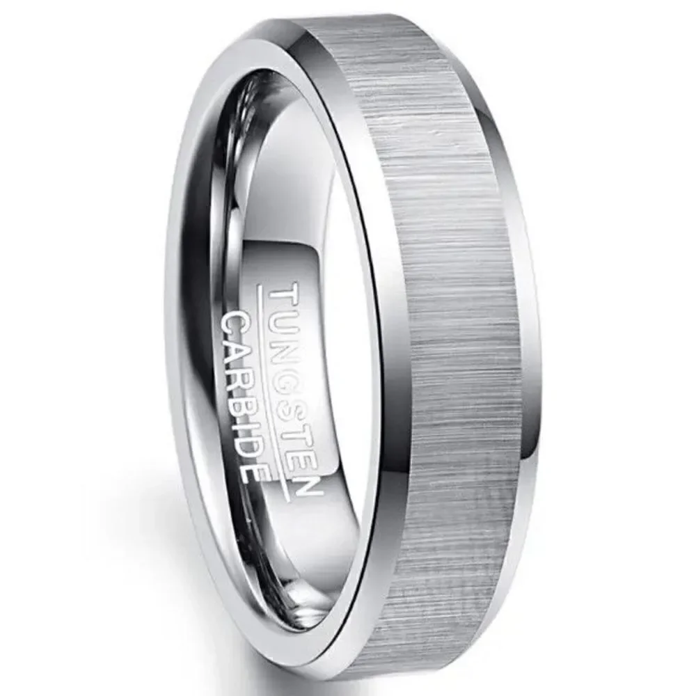Tungsten Carbide Men's Matte Finished Silver Edged Wedding Band Ring